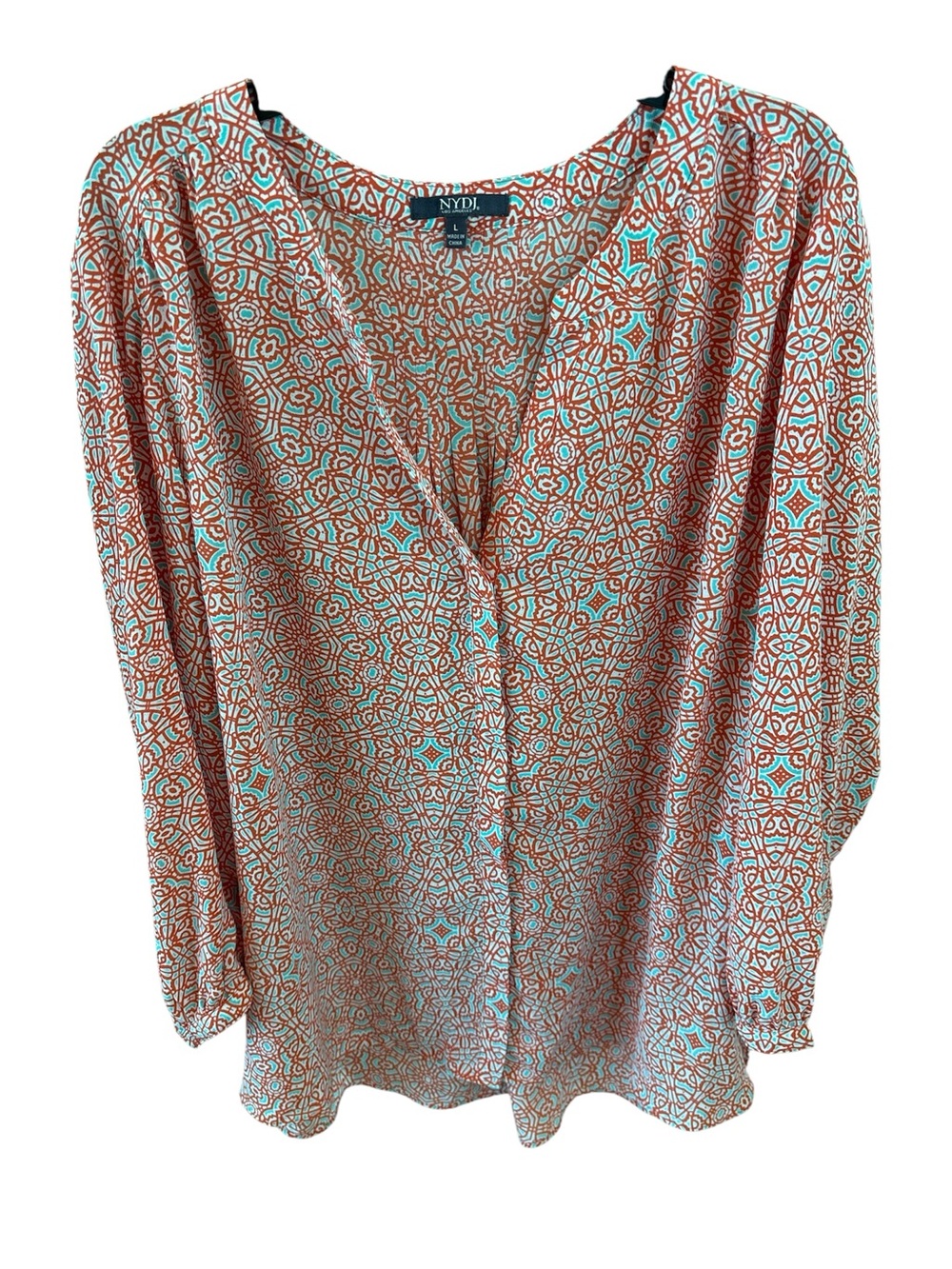 NYDJ Coral and Aqua Geometric V-Neck Blouse